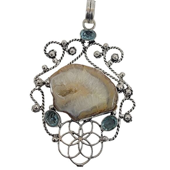 Druzy Agate Pendant – With Blue Topaz Accents + 20" Silver Snake Chain - Picture 1 of 10